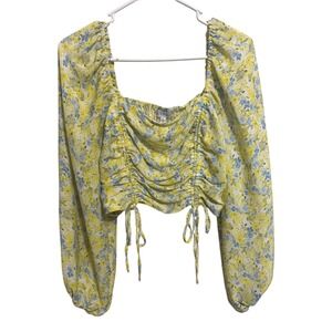 Kit + Sky Yellow Blue Floral Ruched Front Smocked Back Crop Top Large